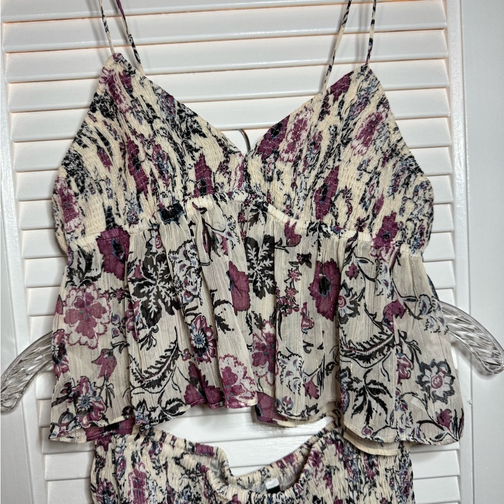 ZARA smocked chiffon cropped camo and skirt set Sz S